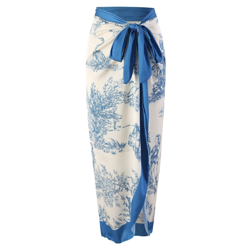 Blue patterned one-piece swimsuit for women with optional matching gauze skirt in polyester fabric