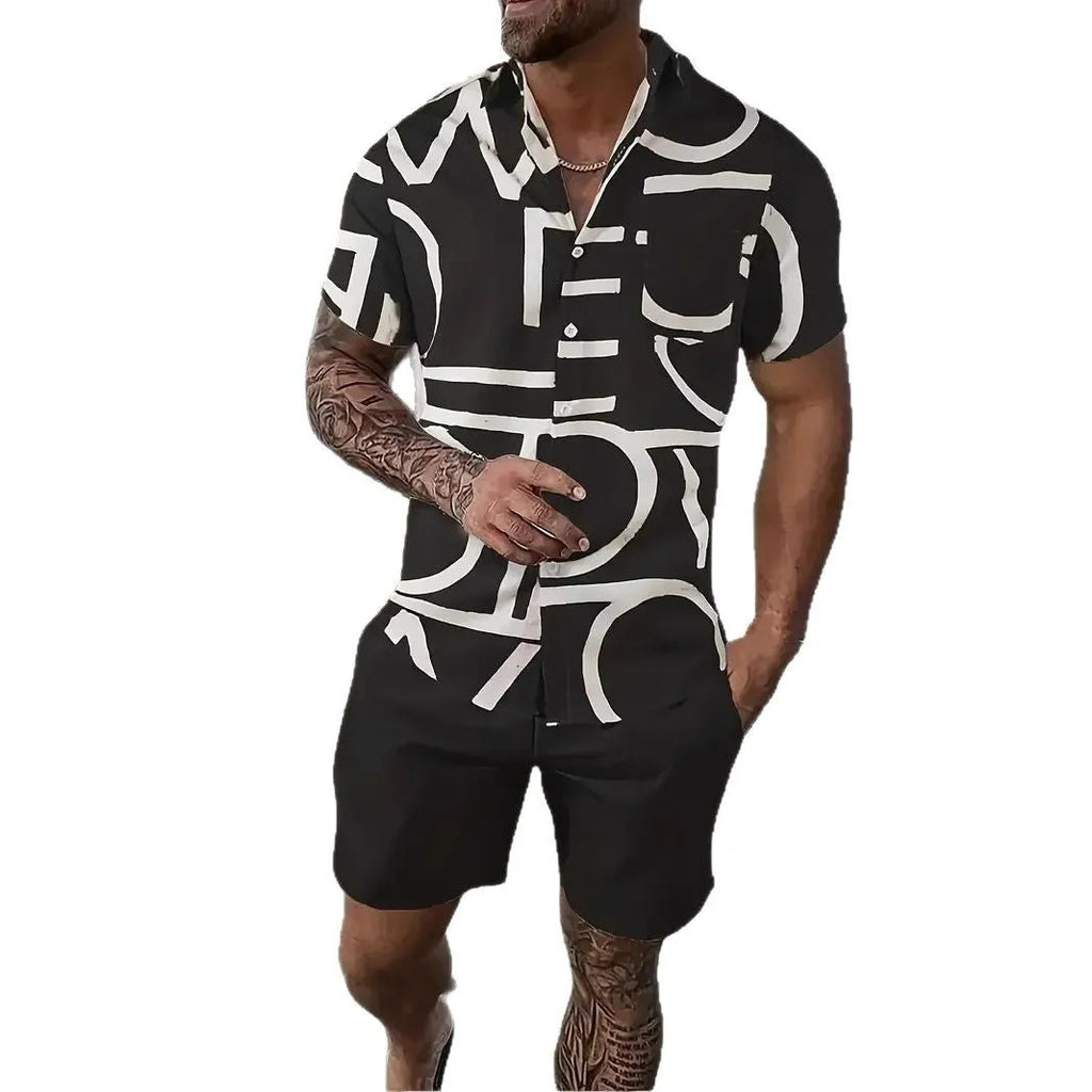 Men's 3D printed Hawaiian pattern short sleeve shirt and matching shorts casual suit set.