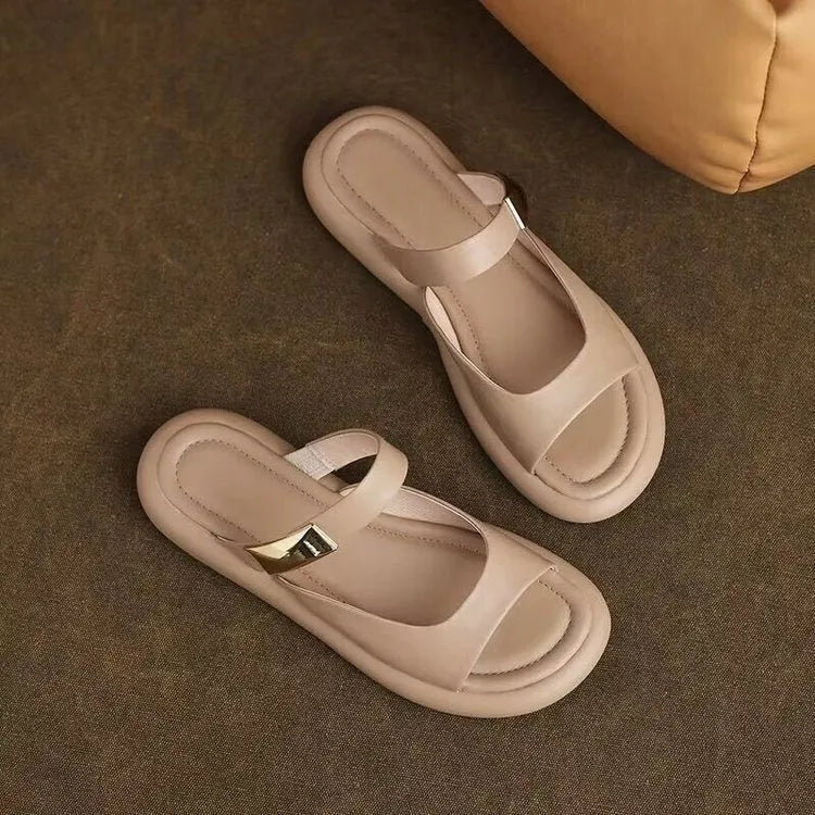 Women's apricot peep toe flat platform sandals with French leather and rubber soles