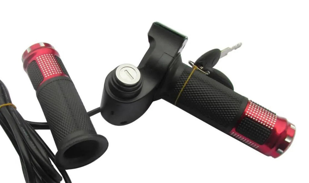 Electric vehicle handlebar section in blue, red, silver, or yellow colours with visible wiring connections