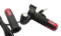 Electric vehicle handlebar section in blue, red, silver, or yellow colours with visible wiring connections