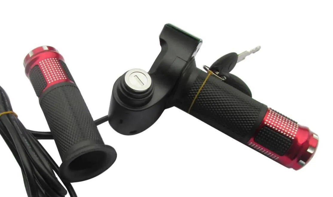 Electric vehicle handlebar section in blue, red, silver, or yellow colours with visible wiring connections