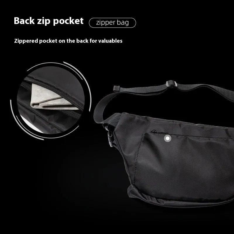 Black men's slanted chest bag in Oxford fabric with 8-inch dimensions and visible sewing lines