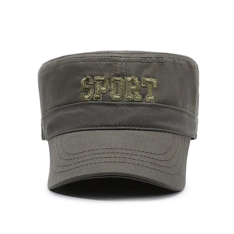 Men's flat-top peaked cotton cap in army green with adjustable strap and English letter detail