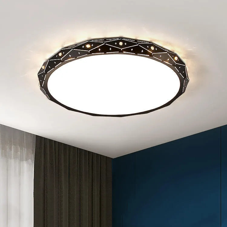 Round LED ceiling light with iron frame shown in black and white finish options