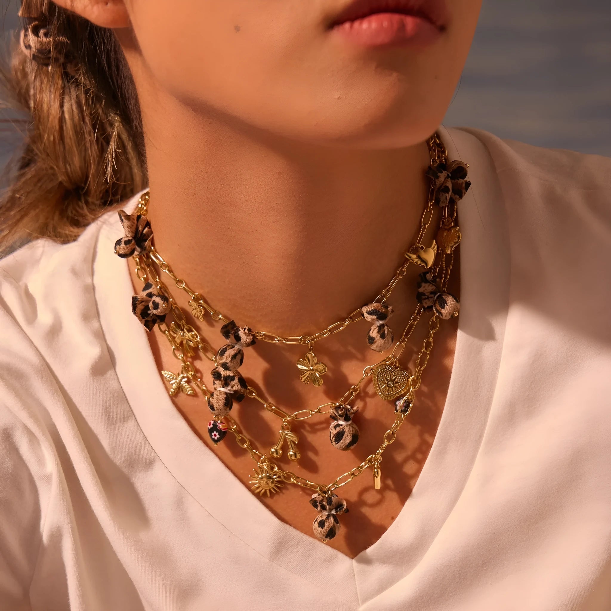 Leopard pendant with heart and flower elements on stainless steel necklace, electroplated 18K finish