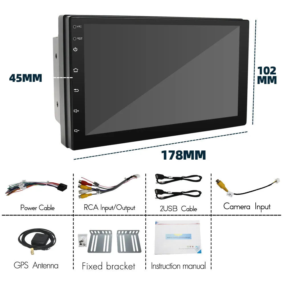 Universal black Carplay navigation radio with 7-inch screen, dimensions 178x102x45mm.