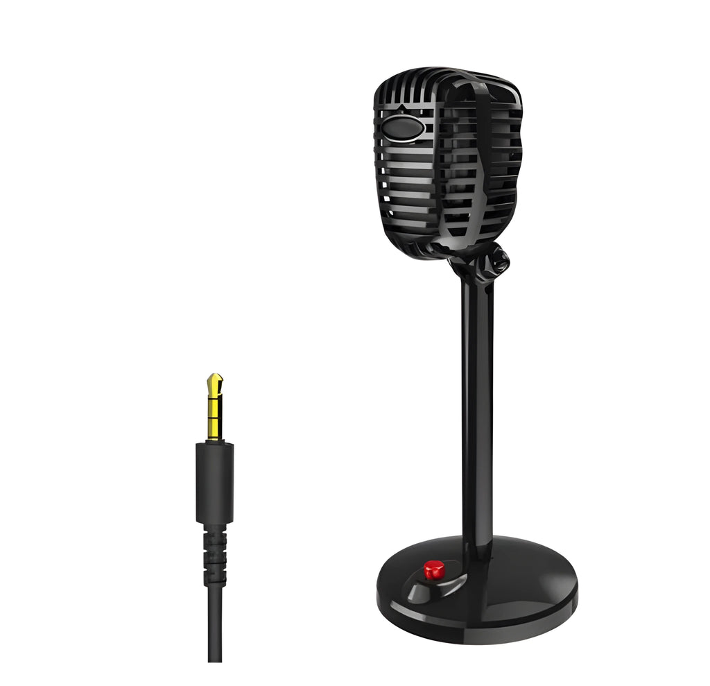 Black USB desktop computer microphone on a stable stand with an adjustable neck.
