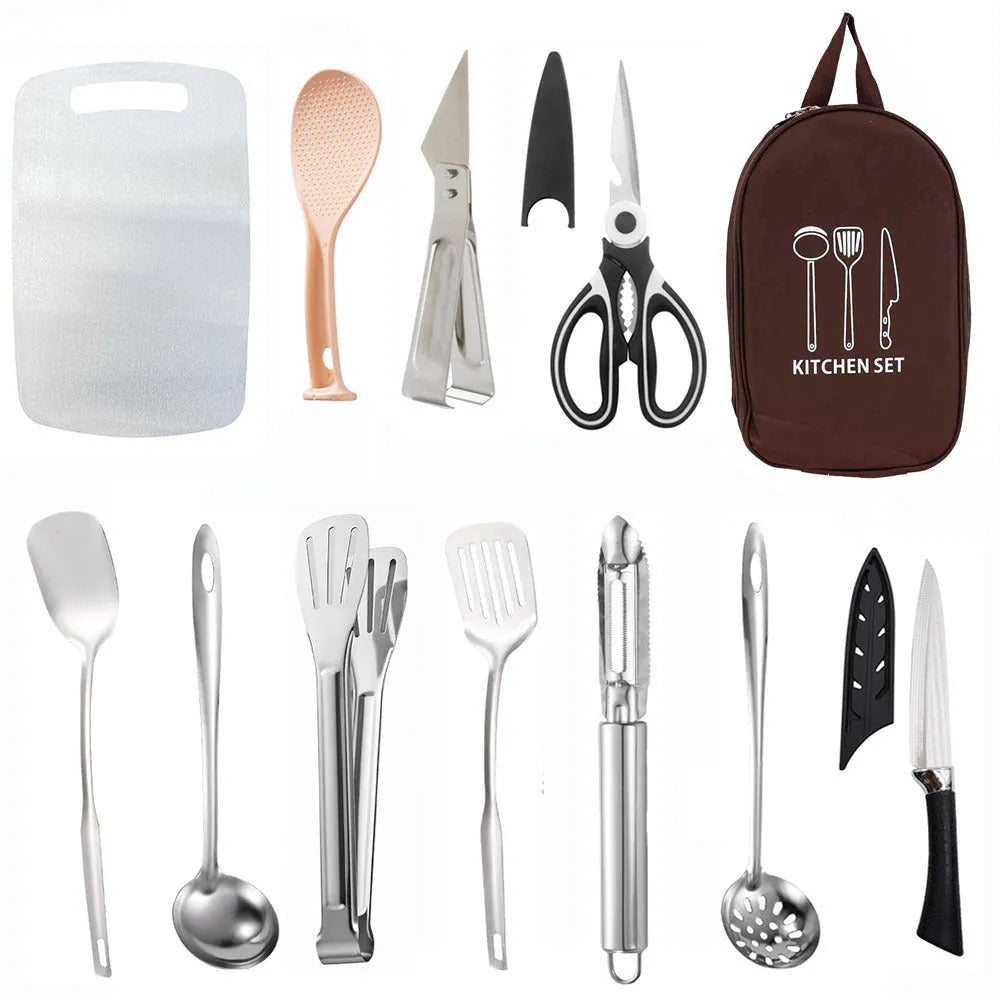 Picnic kitchenware storage bag containing 12 stainless steel utensils in brown, green, or khaki colour