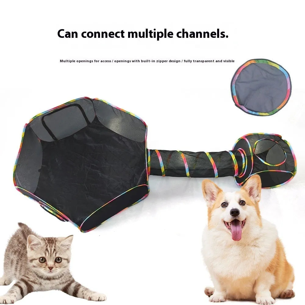 Foldable mesh cat roll cage toy showing multiple tunnel design options for indoor cat play
