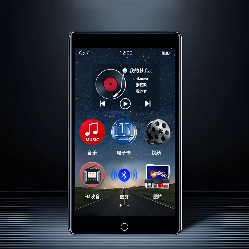 Black Ruizu H1 slim portable MP4 player with 4-inch touchscreen displayed on a stand.