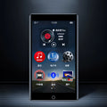 Black Ruizu H1 slim portable MP4 player with 4-inch touchscreen displayed on a stand.