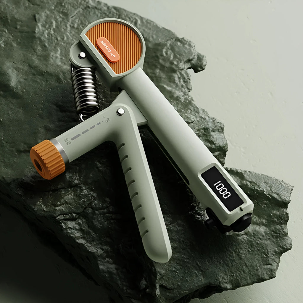 Adjustable spring hand gripper exercise tool in ivory white, black, or green colour.