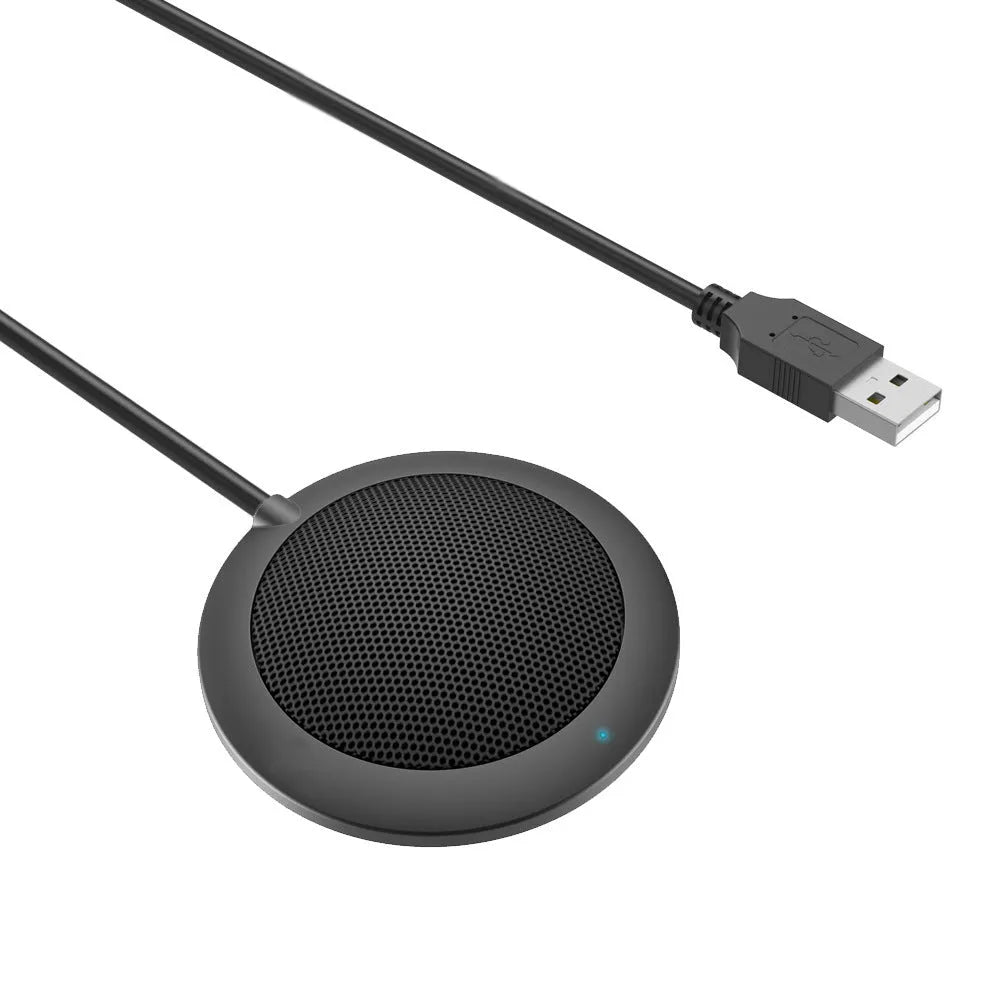 Black USB desktop microphone with metal mesh cover and 70mm diameter for computer recording