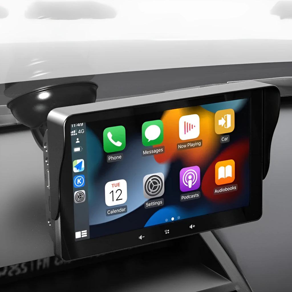 7-inch wireless CarPlay display with suction cup mount for car installation