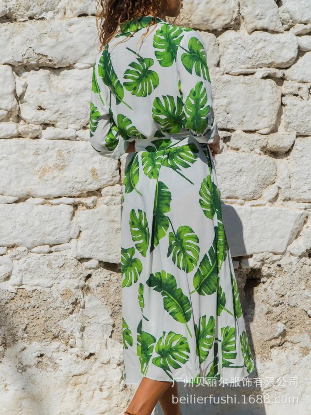 Women's vintage printed chiffon dress with V-neck collar and A-line skirt in black blue.
