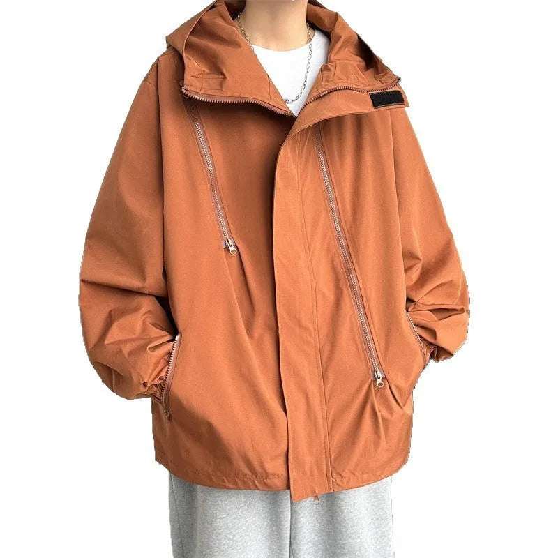 Men's waterproof windproof outdoor sports shell jacket autumn mountaineering solid colour polyester long sleeve side pockets