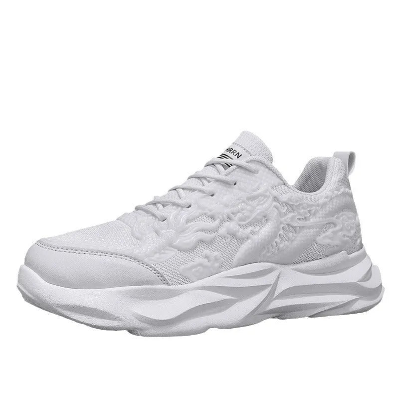 Men's casual fly knit sneakers with Chinese dragon design and rubber soles