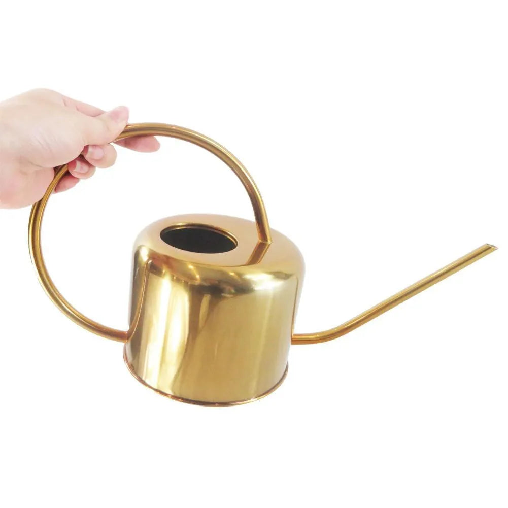 Stainless steel watering can with long spout showing black, gold, and stainless steel colour options