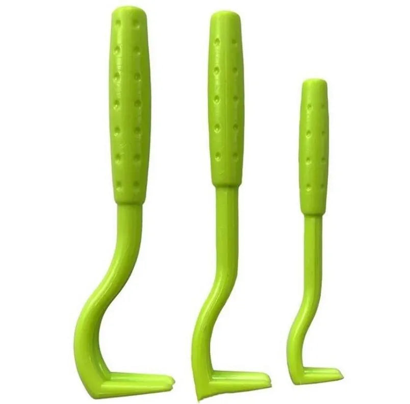 Three plastic pet tick removal tools in blue and green colours with hook design for parasite extraction