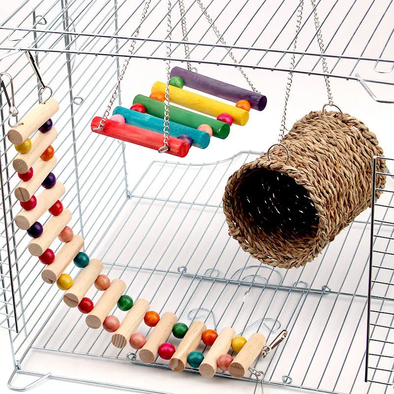 Wooden pet swing and climbing ladder with natural cotton grass bed and colourful beads for small animals