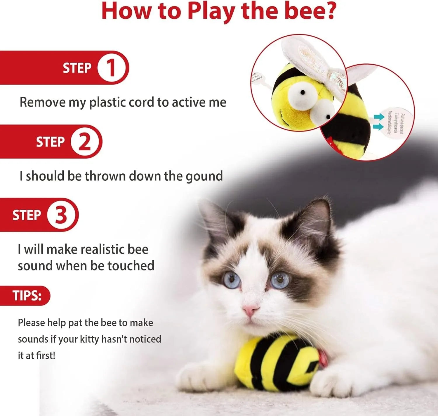Yellow bee-shaped interactive cat toy with motion-activated squeaking sounds
