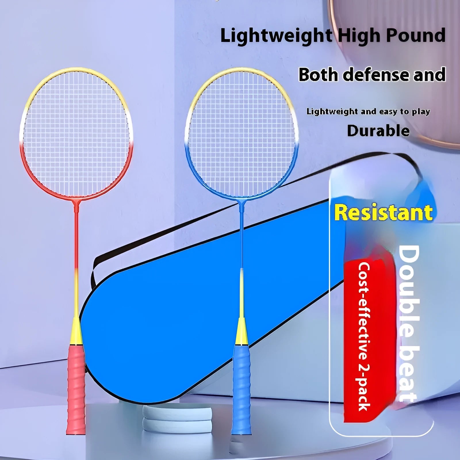 A pair of blue and red ultra-light alloy badminton rackets laid side by side.