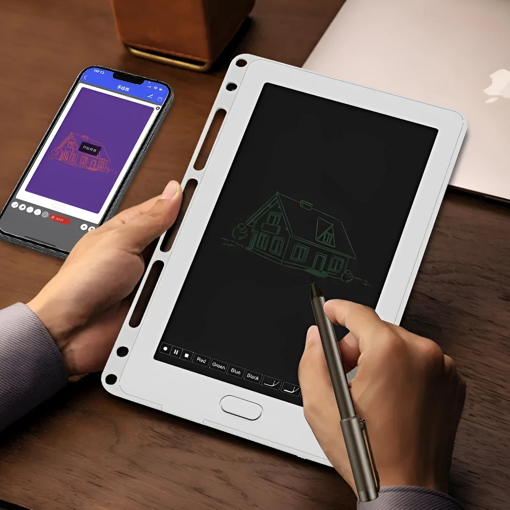 85-inch electronic writing pad with smart pen, shown in black, dark blue, or sky blue with stitching detail.