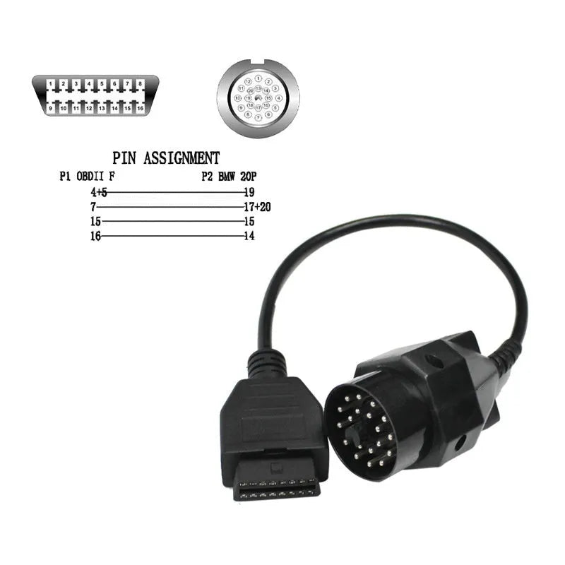 BMW OBD2 diagnostic adapter cable showing 20-pin male and 16-pin female connectors