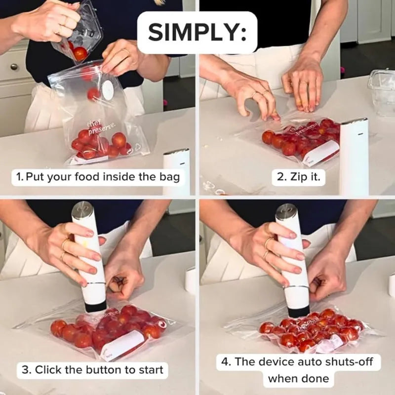 White USB vacuum sealer pump with five 26x28cm food storage bags for home use
