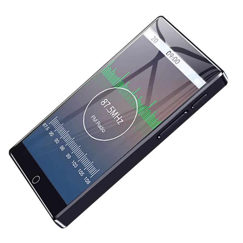 Black Ruizu H1 slim portable MP4 player with 4-inch touchscreen displayed on a stand.