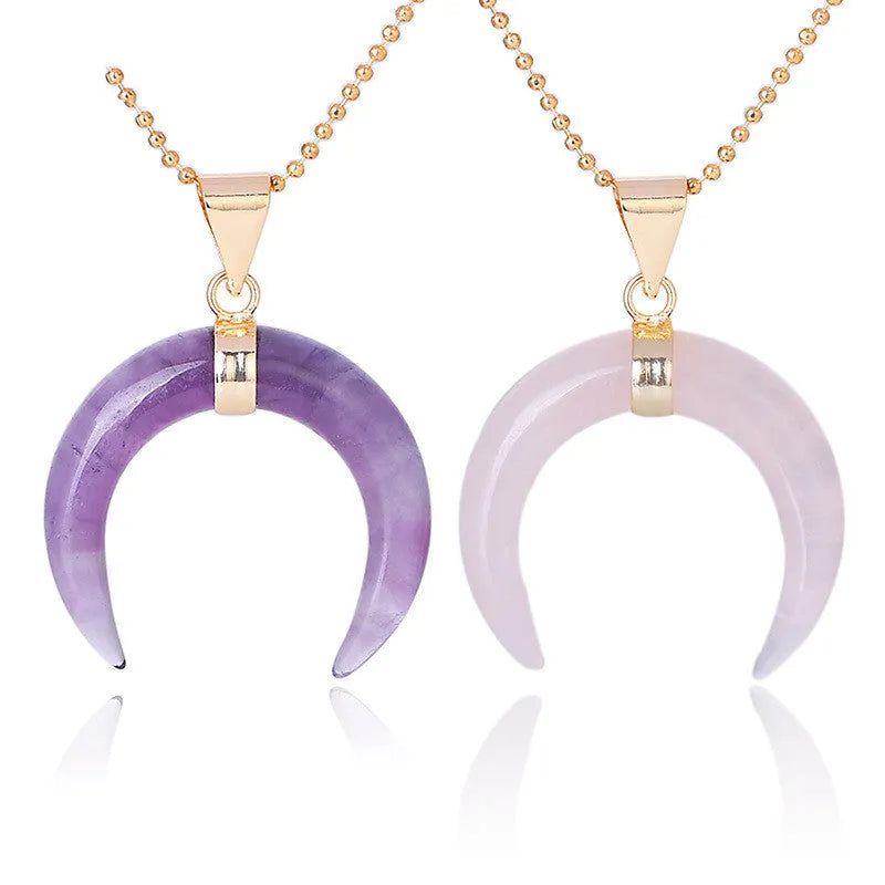 Crystal moon pendant necklace with natural stone pendant on electroplated copper chain