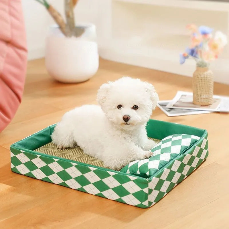Blue rattan cat litter mat with integrated sleeping nest beside a litter tray, showing size scale.