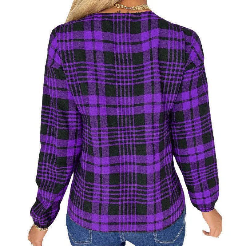 Women's loose-fitting plaid shirt in purple, available in sizes S to 3XL.