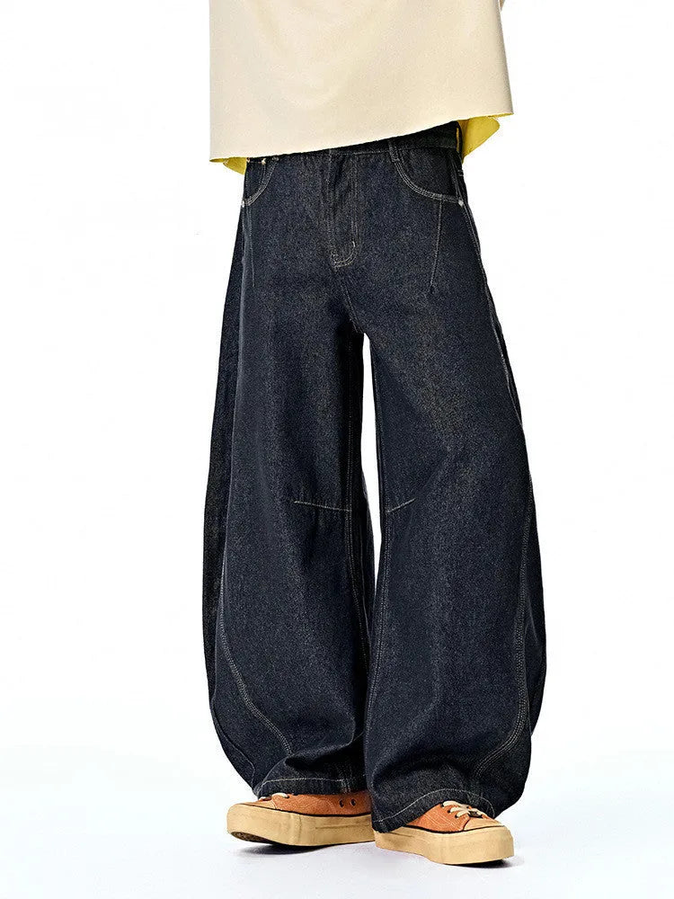 Men's wide leg denim trousers in original cow colour with mid waist cut