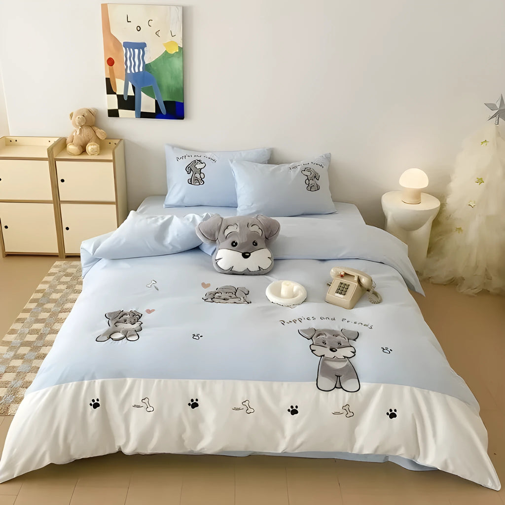 Cute Schnauzer cartoon bedding set with embroidered design on cotton quilt cover and matching pillowcases