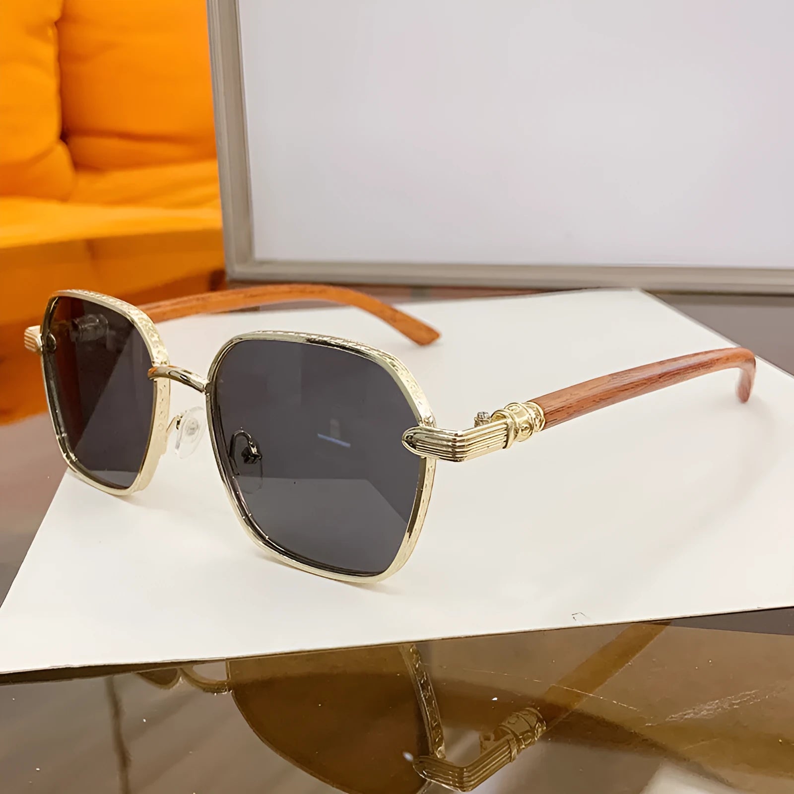 Women's frameless fashion glasses with wood grain alloy frame and coloured lenses.
