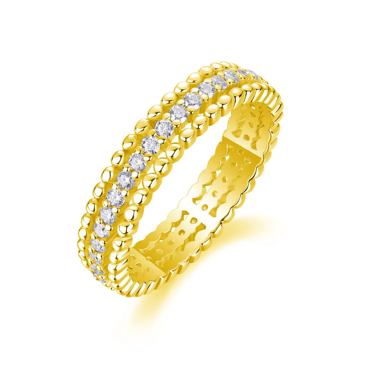 Moissanite wedding ring set in gold colour S925 silver with platinum plating on white background