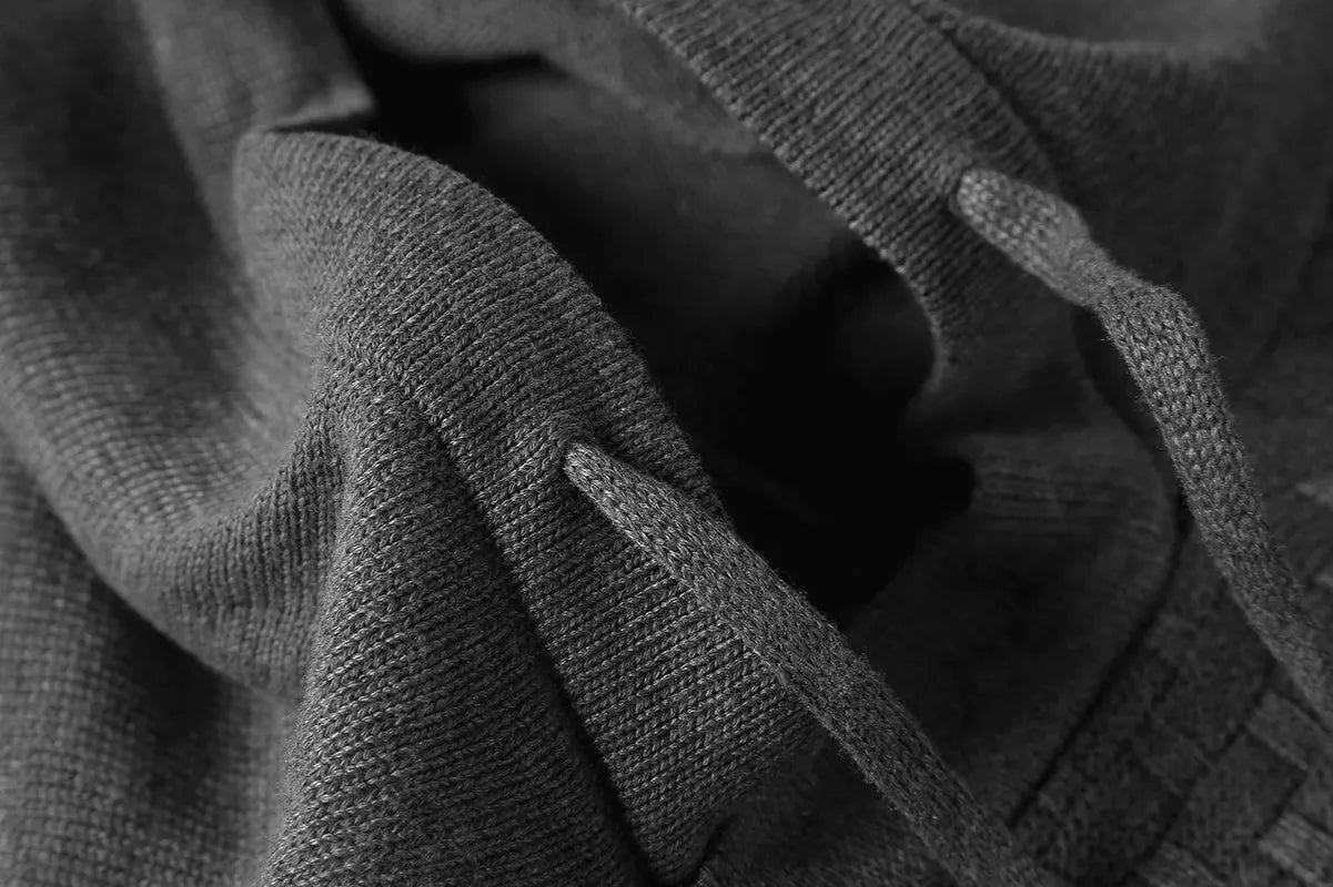 Men's grey cotton-polyester blend hoodie sweatshirt on a hanger.
