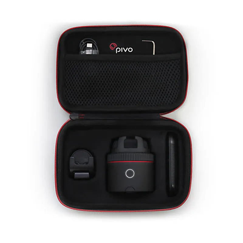 Black PIVO facial tracking camera unit showing 360-degree rotation base for smartphones.