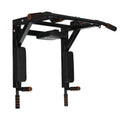 Black wall-mounted fitness rack with sandbag holder and single parallel bars for strength training