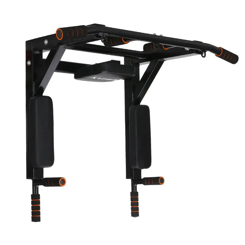 Black wall-mounted fitness rack with sandbag holder and single parallel bars for strength training