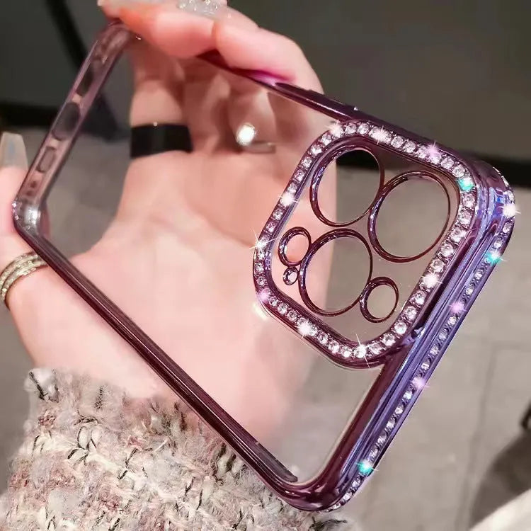 Rhinestone glass phone case for iPhone in Rose Gold showing full back coverage with TPU edges