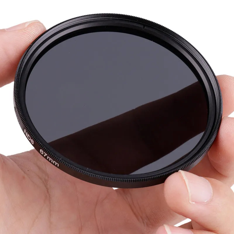 ND8 digital camera filter with aviation aluminium frame showing lens thread sizes from 49mm to 82mm.