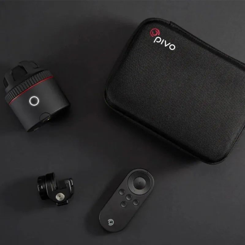 Black PIVO facial tracking camera unit showing 360-degree rotation base for smartphones.