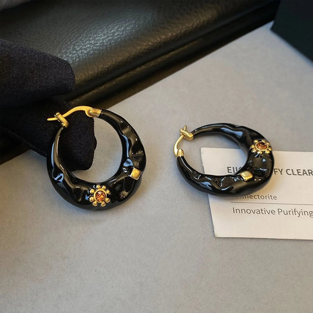 Hong Kong style retro ear studs with dripping oil treatment and rhinestone detail