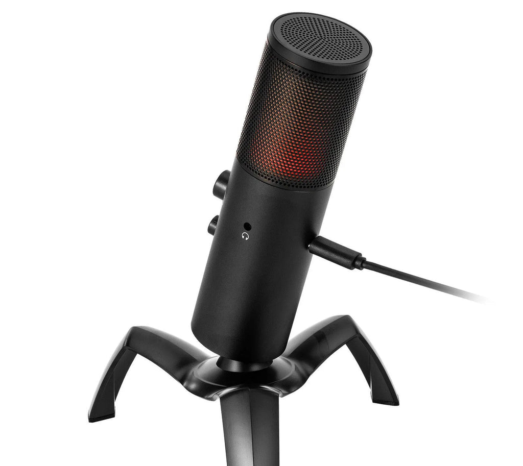 Black Q18 bidirectional USB condenser microphone with RGB lighting on rotating tripod stand