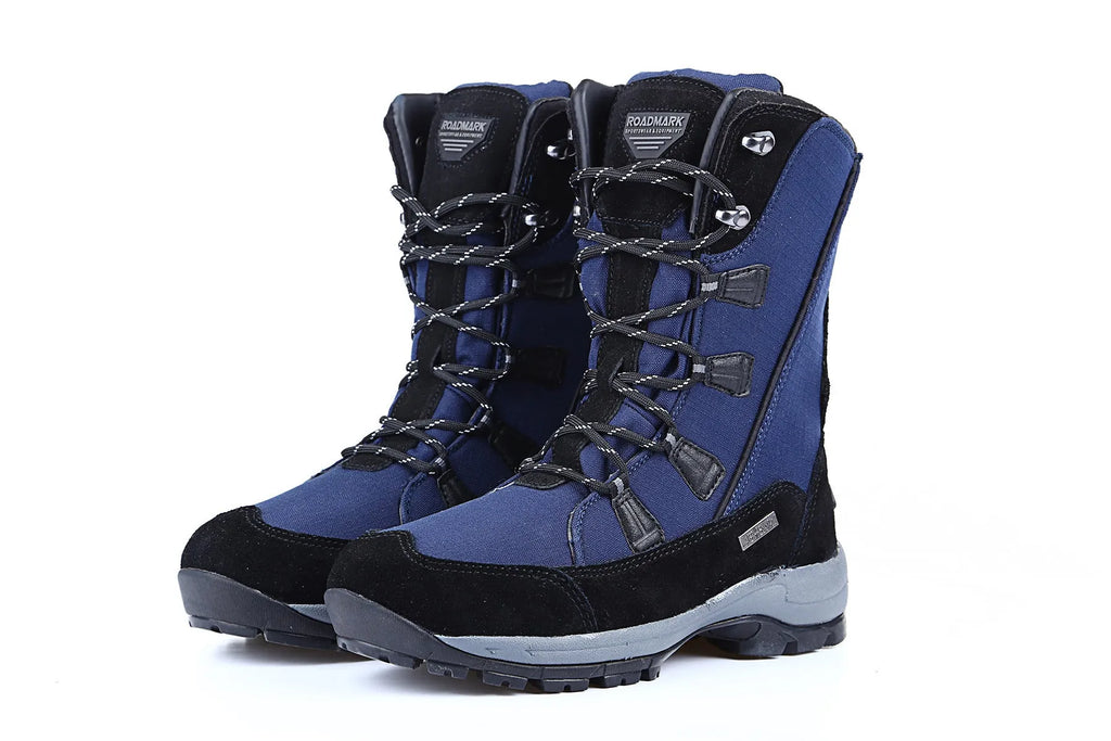 Black women's mid-calf leather snow boots with a round toe and thick rubber sole on a white background.