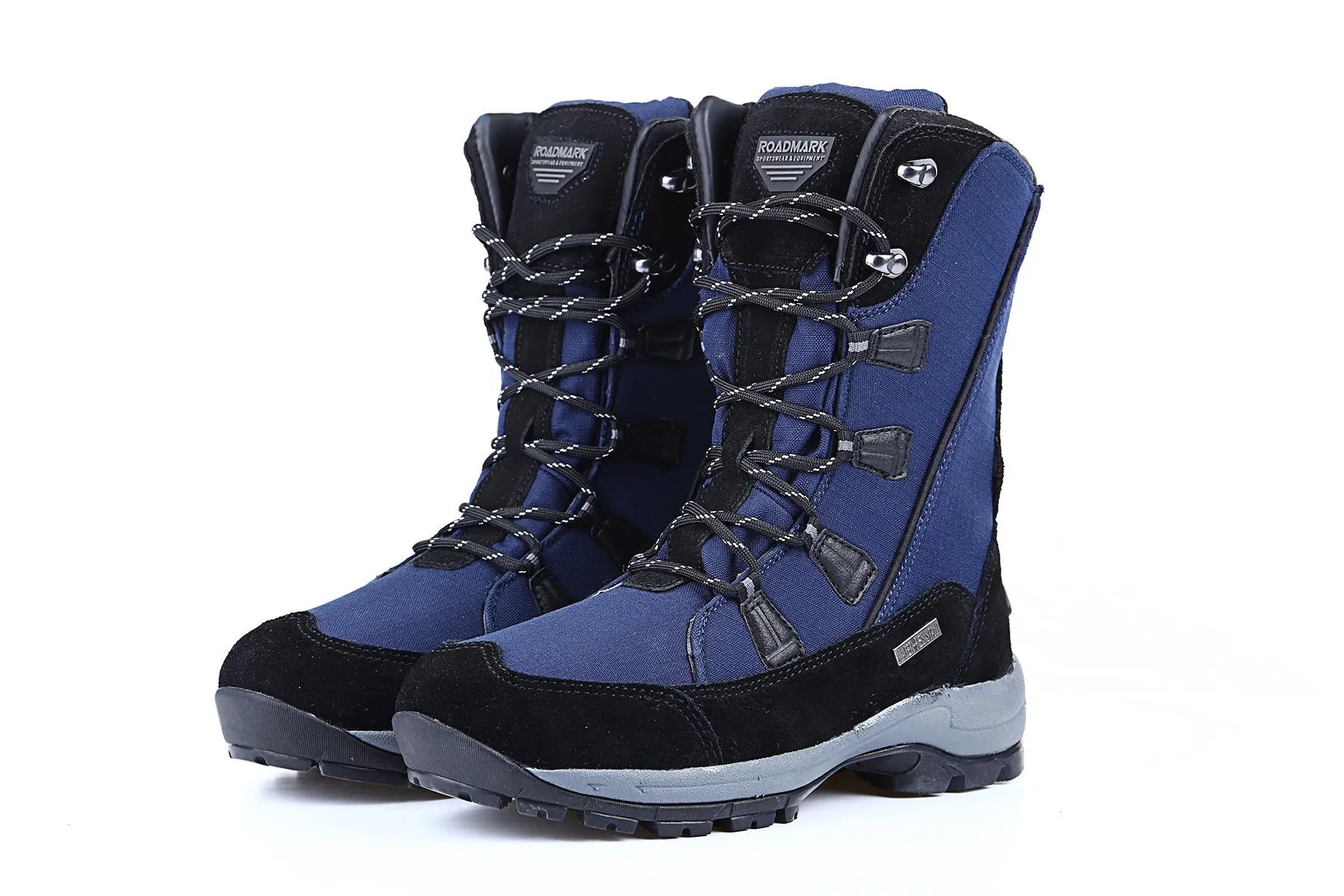 Black women's mid-calf leather snow boots with a round toe and thick rubber sole on a white background.