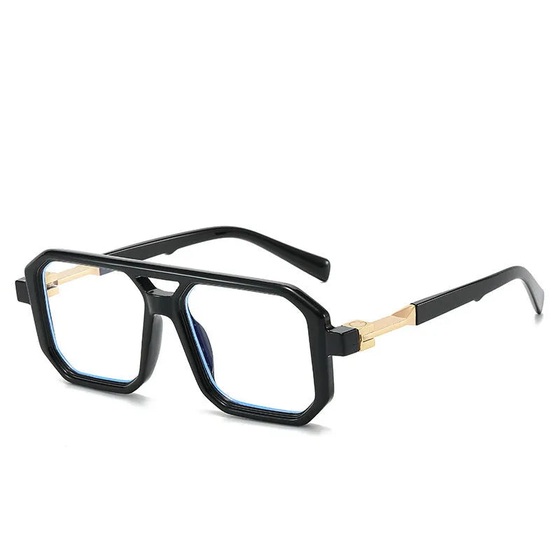 Retro double beam pilot sunglasses shown in a selection of colours including black frame with grey lenses and leopard print.